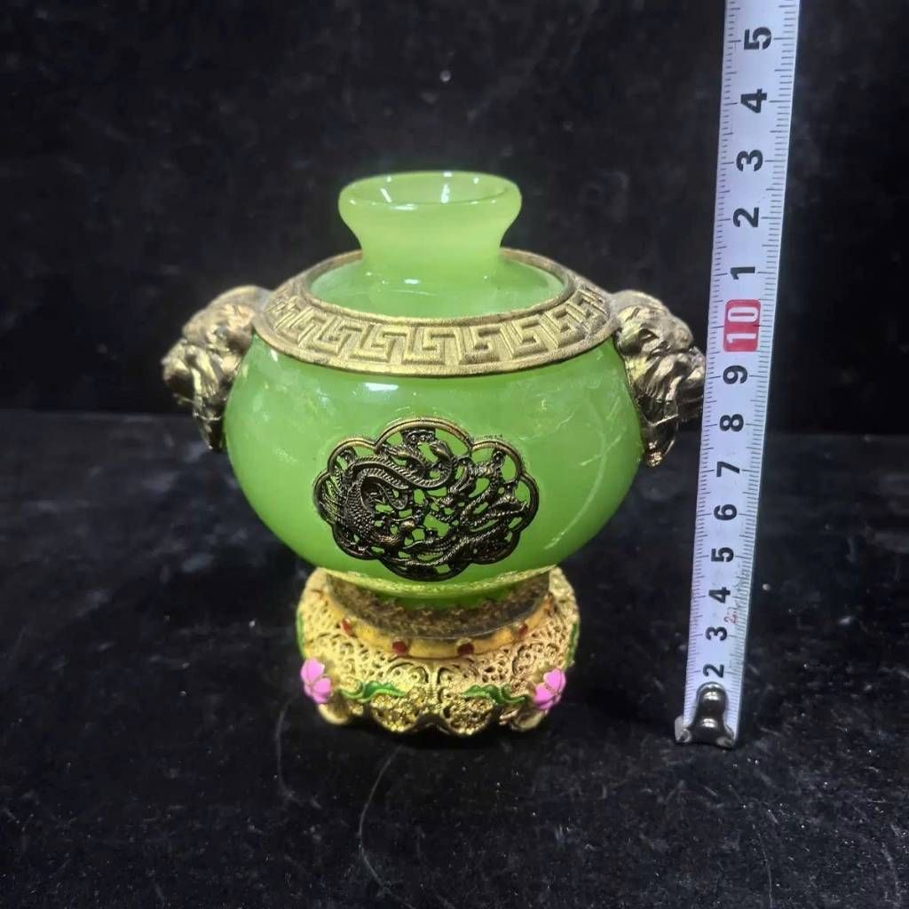  Bình Ngọc Xanh Bọc Đồng Chạm Rồng BKSTCN-9597 