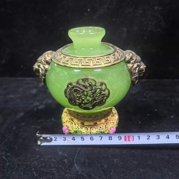  Bình Ngọc Xanh Bọc Đồng Chạm Rồng BKSTCN-9597 