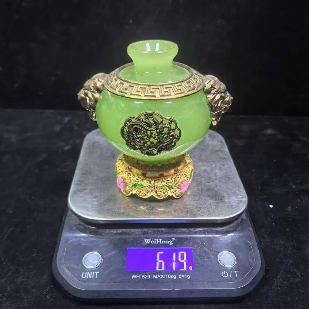  Bình Ngọc Xanh Bọc Đồng Chạm Rồng BKSTCN-9597 