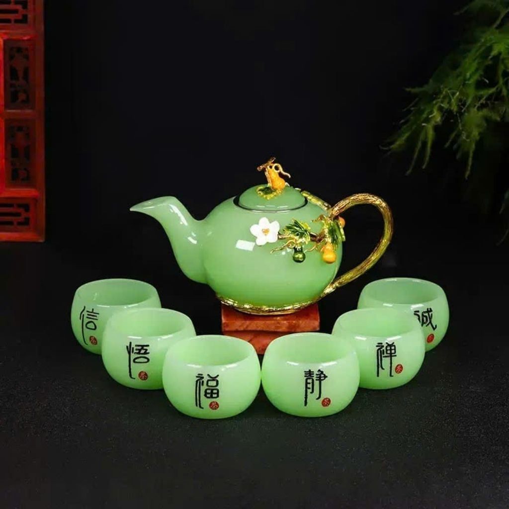  Bộ Ấm Chén Ngọc Xanh Cánh Sen Khảm Hoa Mẫu Đơn BKSTCN-9619 
