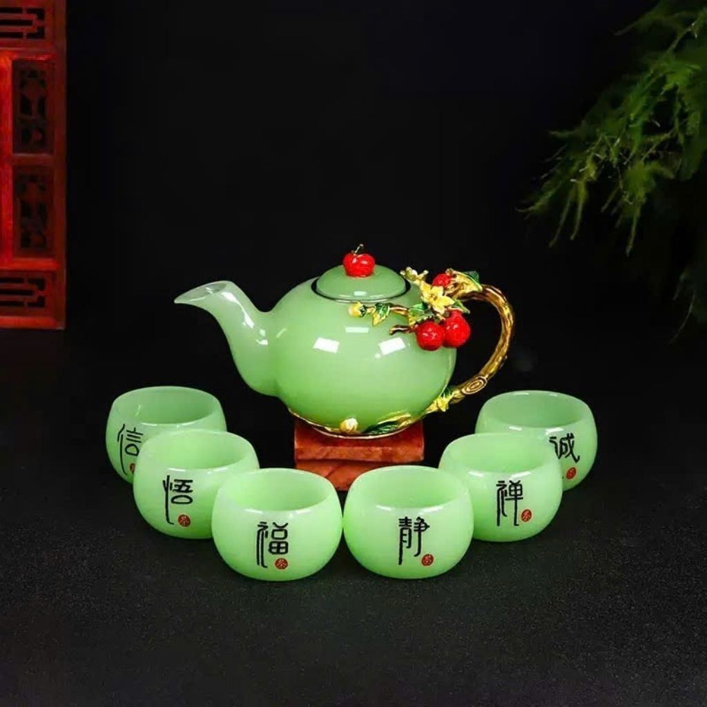  Bộ Ấm Chén Ngọc Xanh Cánh Sen Khảm Hoa Mẫu Đơn BKSTCN-9619 