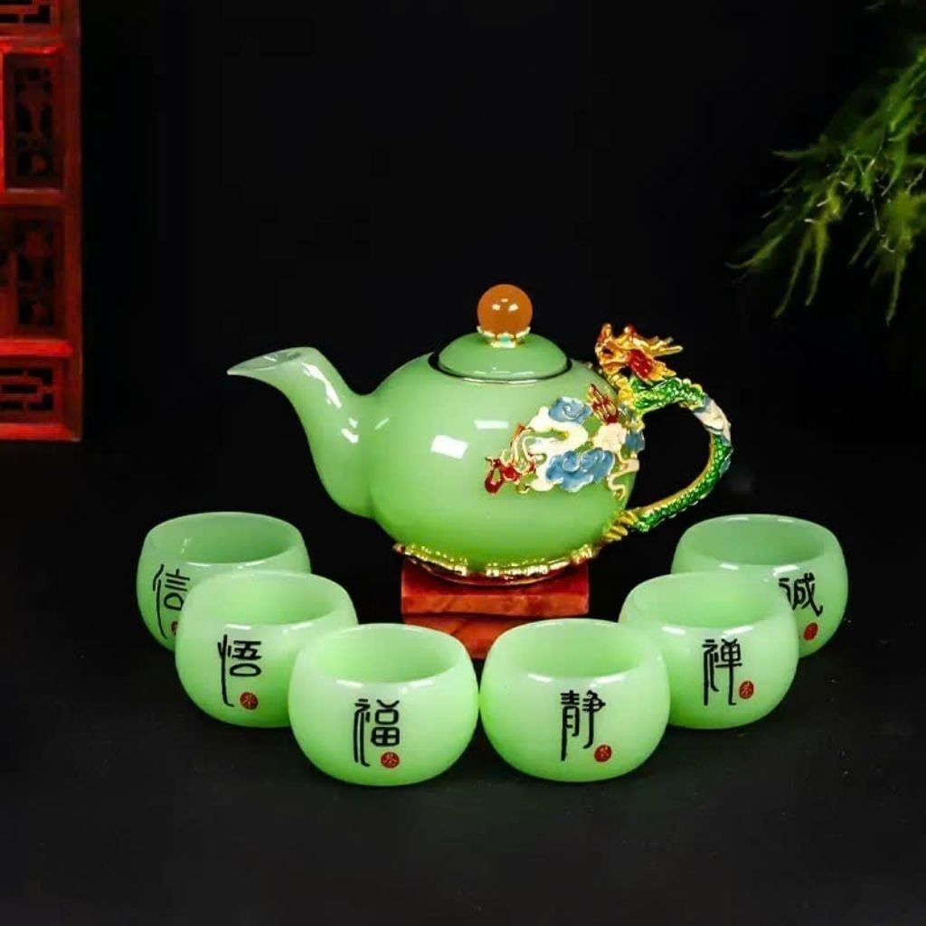 Bộ Ấm Chén Ngọc Xanh Cánh Sen Khảm Hoa Mẫu Đơn BKSTCN-9619 