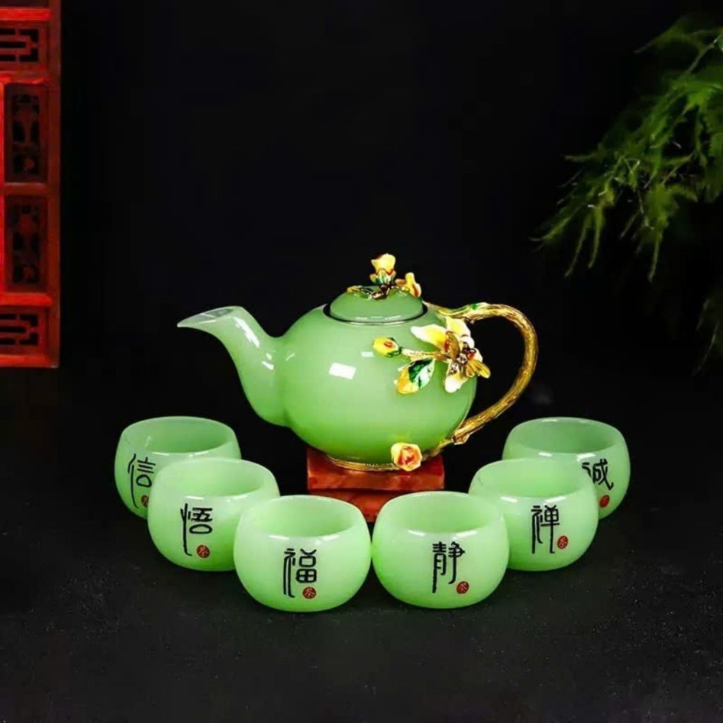  Bộ Ấm Chén Ngọc Xanh Cánh Sen Khảm Hoa Mẫu Đơn BKSTCN-9619 
