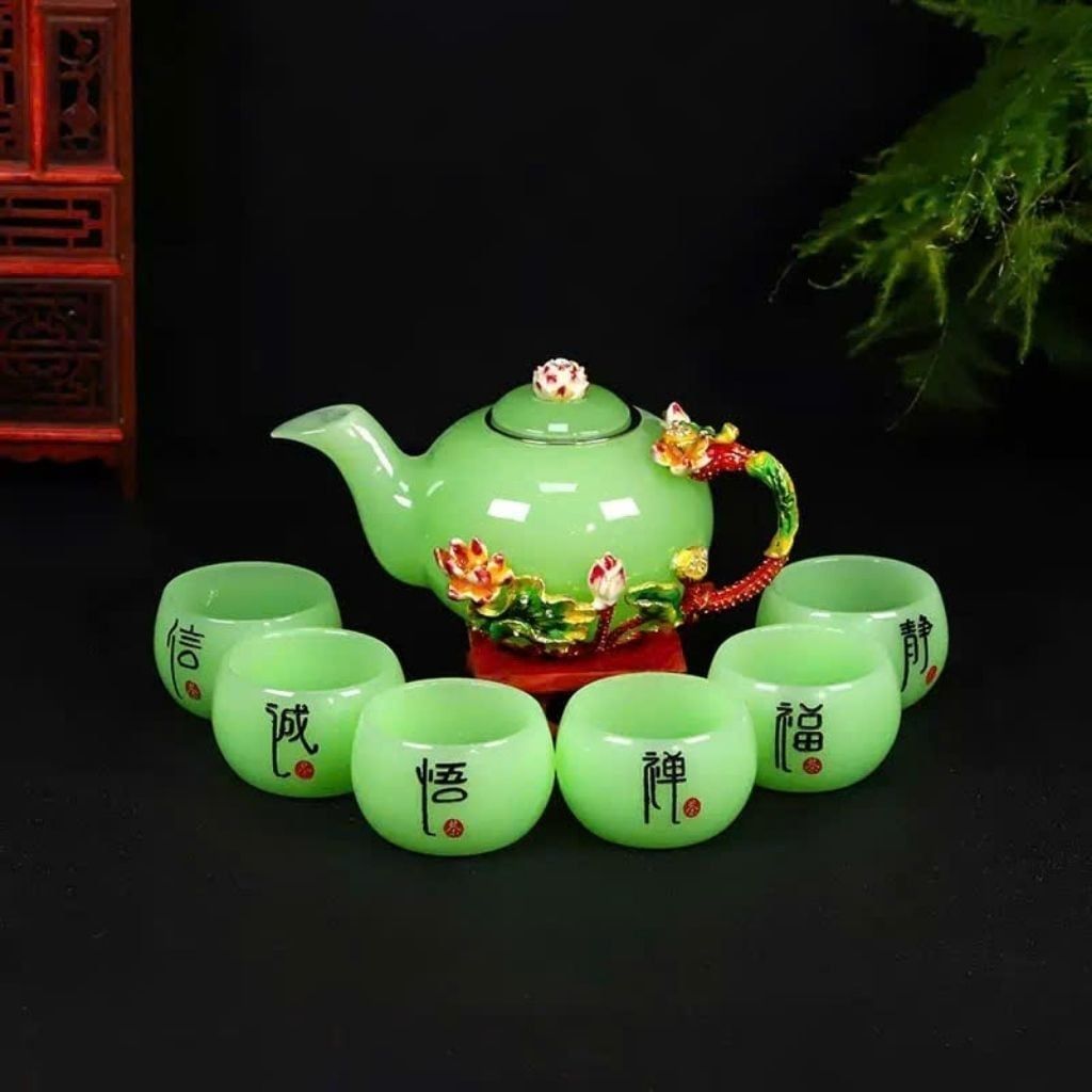  Bộ Ấm Chén Ngọc Xanh Cánh Sen Khảm Hoa Mẫu Đơn BKSTCN-9619 