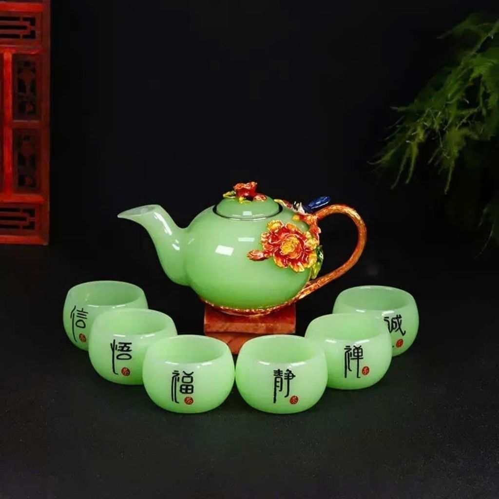  Bộ Ấm Chén Ngọc Xanh Cánh Sen Khảm Hoa Mẫu Đơn BKSTCN-9619 