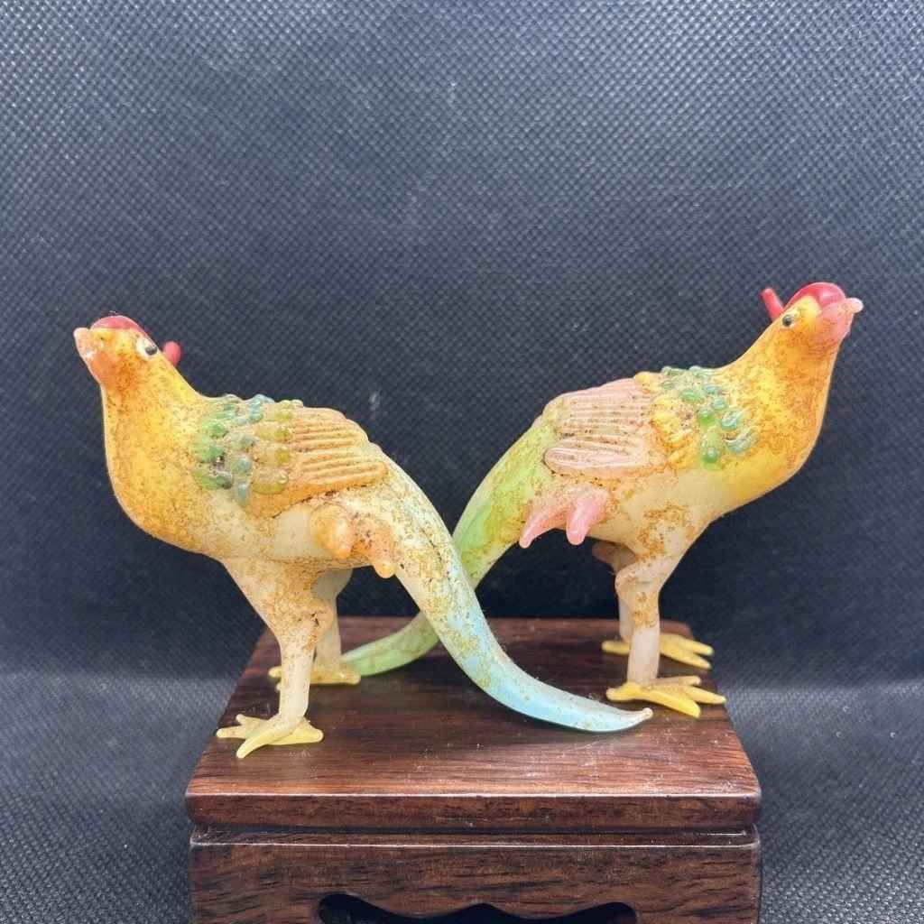  Cặp Tượng Chim Trĩ Phượng Hoàng Ngọc Thủy Tinh Lưu Ly Cổ BKSTCN-9679 