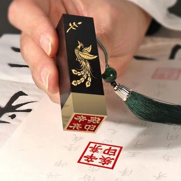  Con Dấu Triện Khắc Tên Gỗ Đàn Hương Đen Bọc Đồng Khắc Phượng Hoàng BKSVVN-9008 