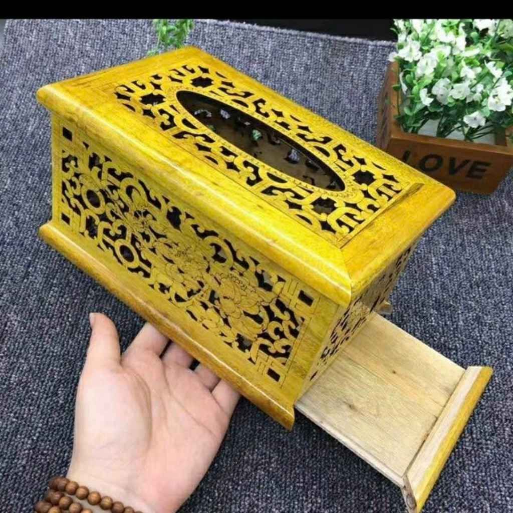 Hộp Đựng Giấy Ăn Gỗ Nu Khắc Hoa Văn Sưu Tầm BKWOCN-9308 