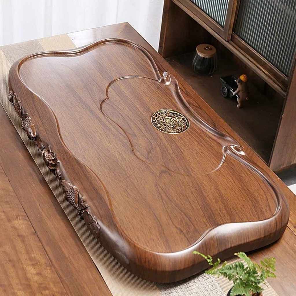  Khay Trà Gỗ Mun Nguyên Khối Chạm Cá Chép Liên Hoa BKWOCN-9312 