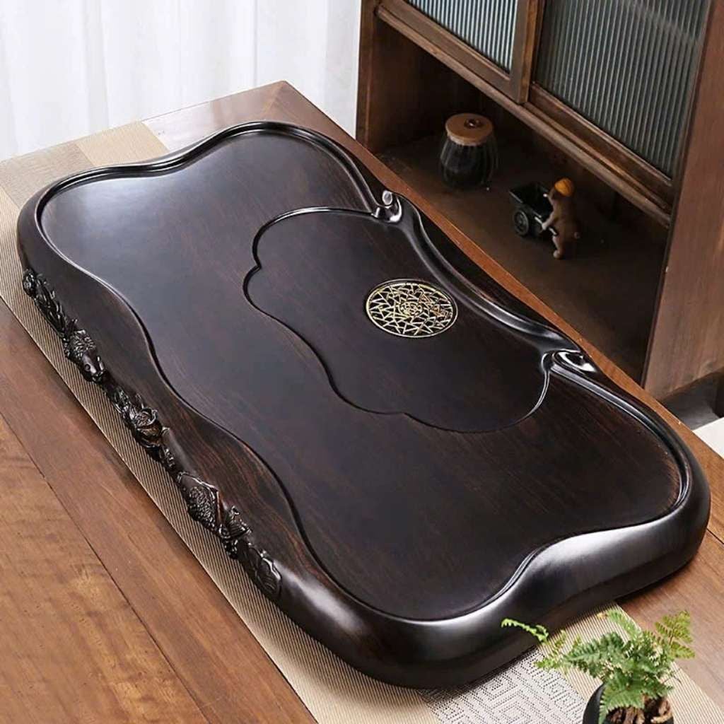  Khay Trà Gỗ Mun Nguyên Khối Chạm Cá Chép Liên Hoa BKWOCN-9312 