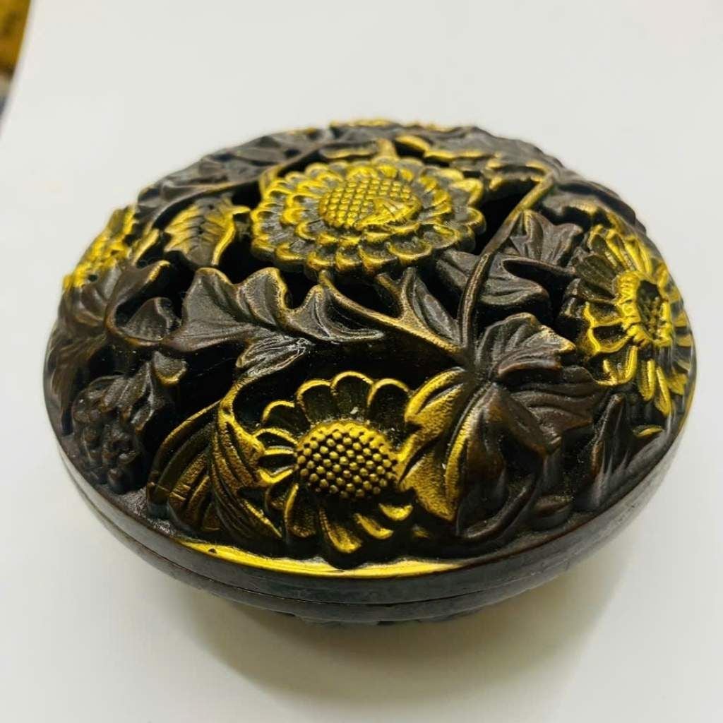  Lư Đốt Trầm Đồng Vàng Chạm Khắc Hoa Cúc Đại Đóa BKWOCN-9313 