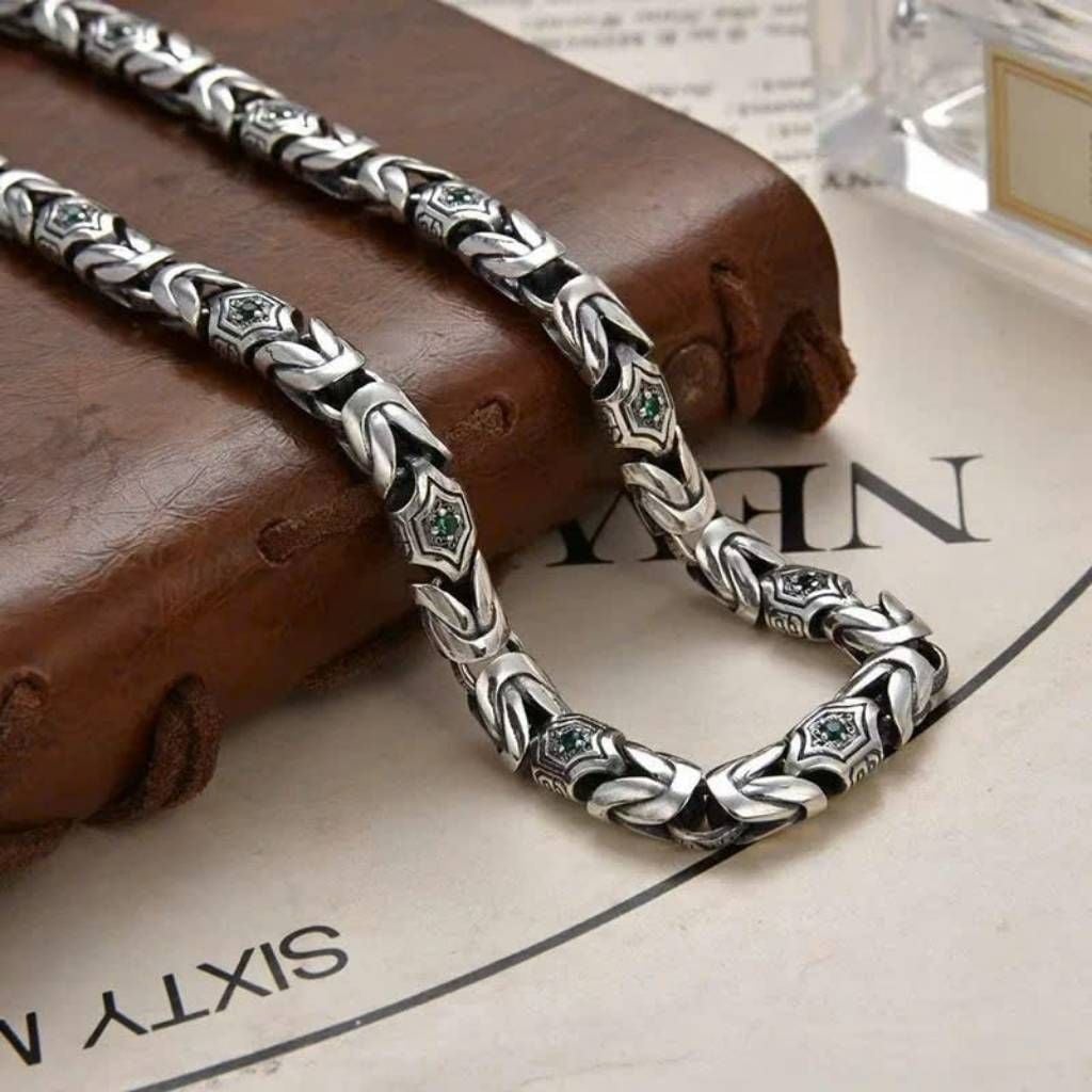  Dây Chuyền Bạc Thái Nam Họa Tiết Đính Đá Xanh Phong Cách Cổ Điển BKJECN-9467 