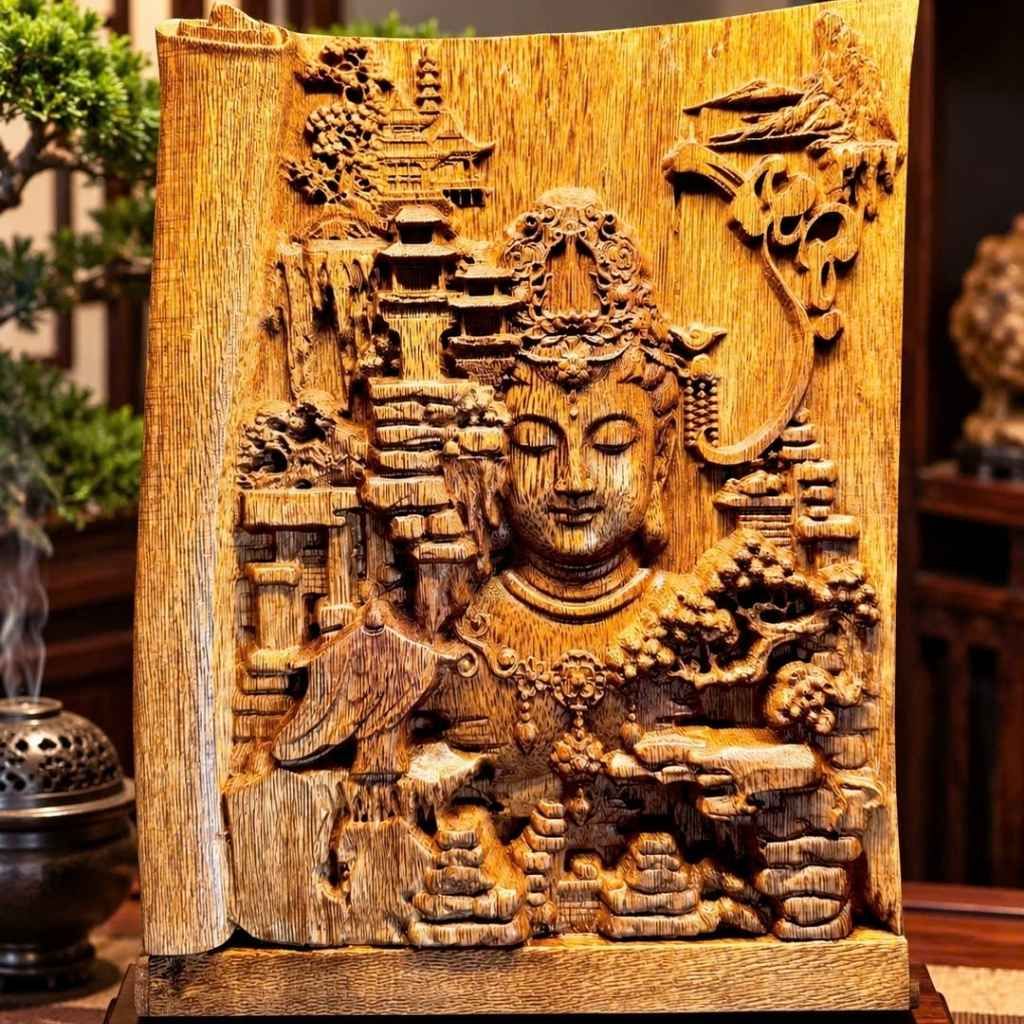  Tranh Trầm Hương Nhất Tâm Bái Phật Đục Tinh Xảo Kèm Đế Gỗ BKWOCN-9330 