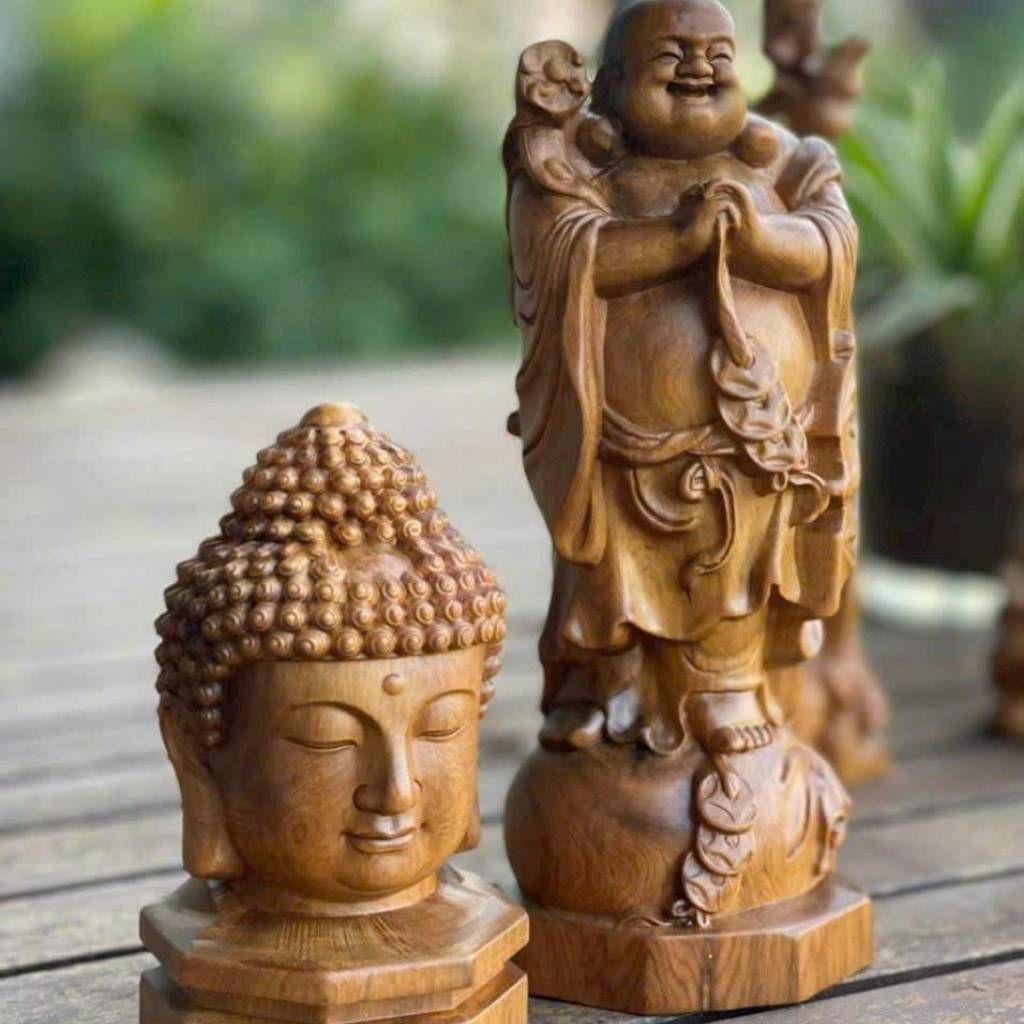  Cặp Tượng Di Lặc Và Diện Phật Gỗ Bách Xanh BKWOVN-9199 