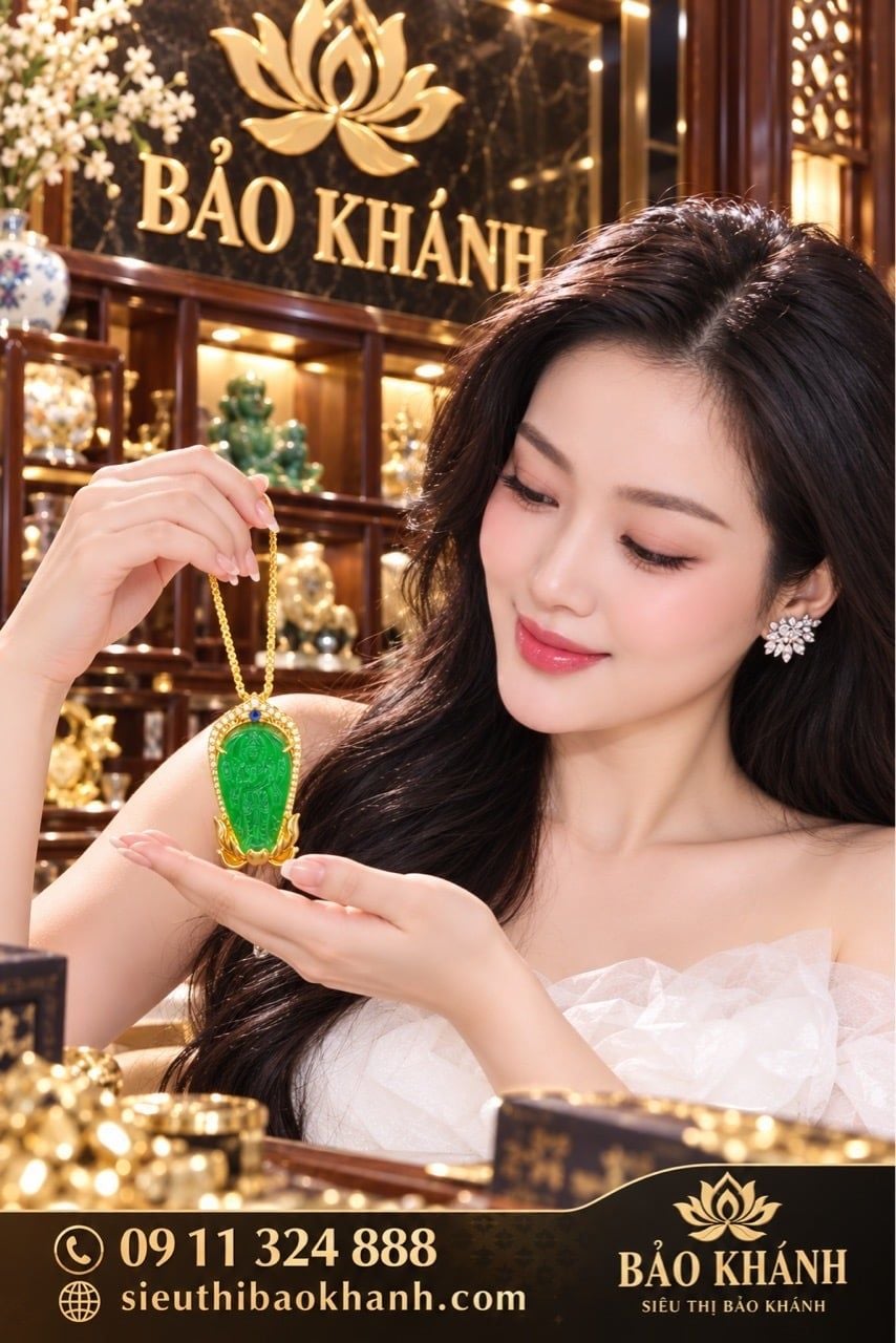  Mặt dây truyền quan âm màu xanh ngọc bích 