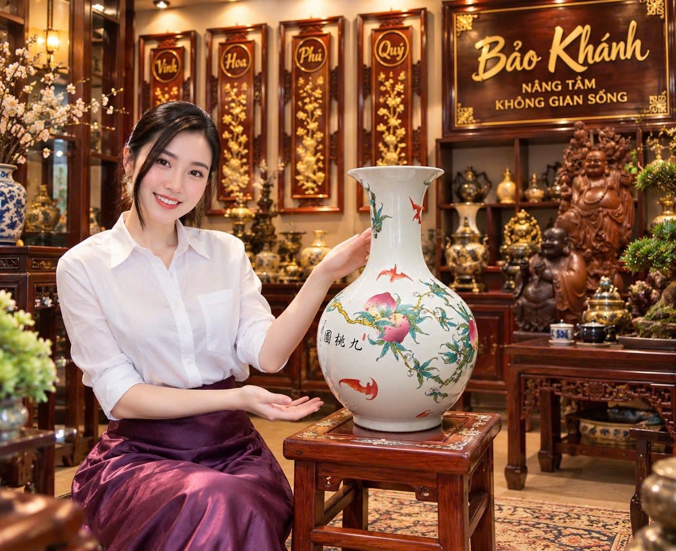  Combo Đôn gỗ khảm và bình quả đào 