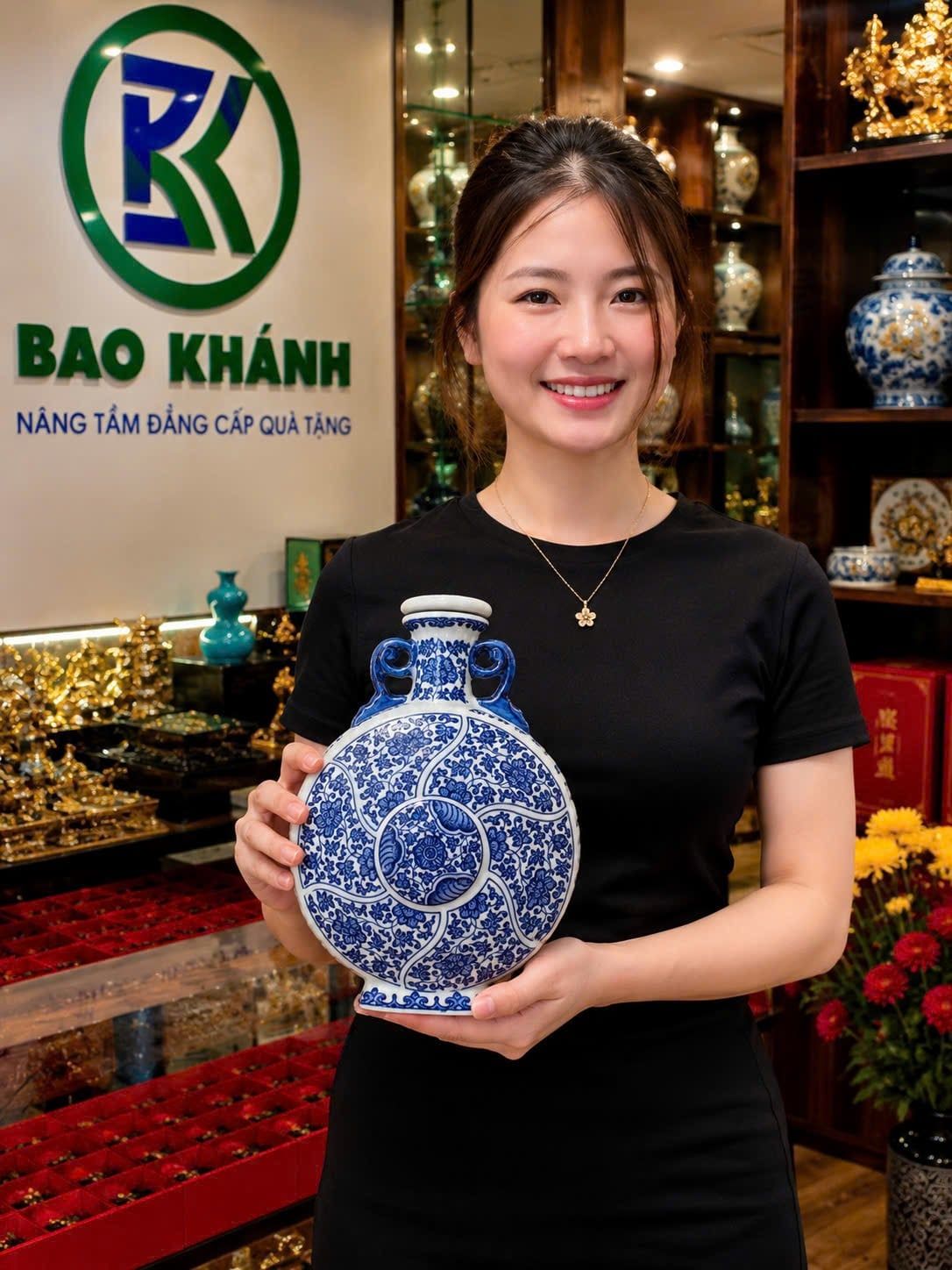  Bình gốm sứ Cảnh Đức Trấn thanh hoa dây sen hai tai BKCECN-10586 