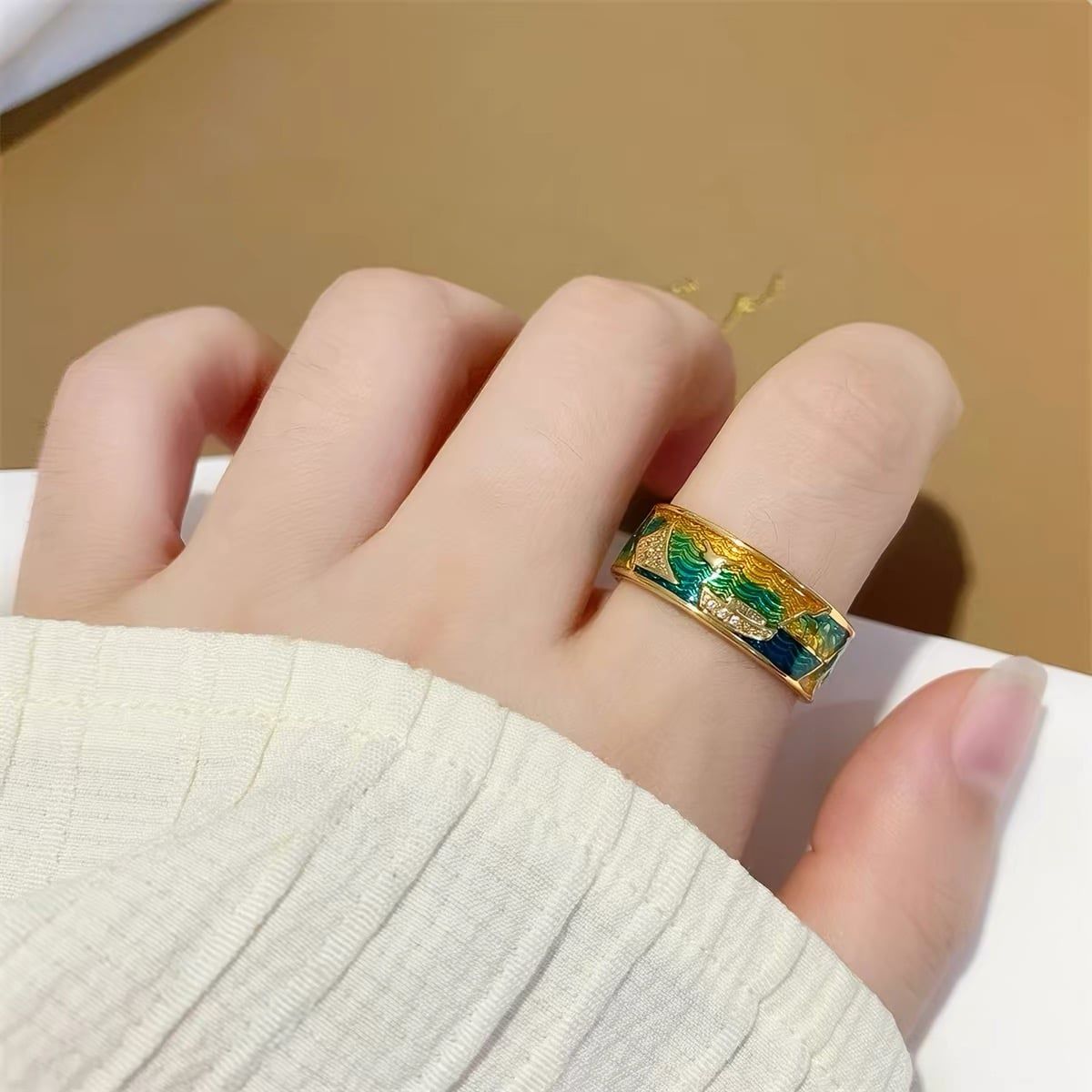  Bộ vòng tay và nhẫn sơn thuỷ hữu tình bằng đồng pháp lam BKJECN-9491 