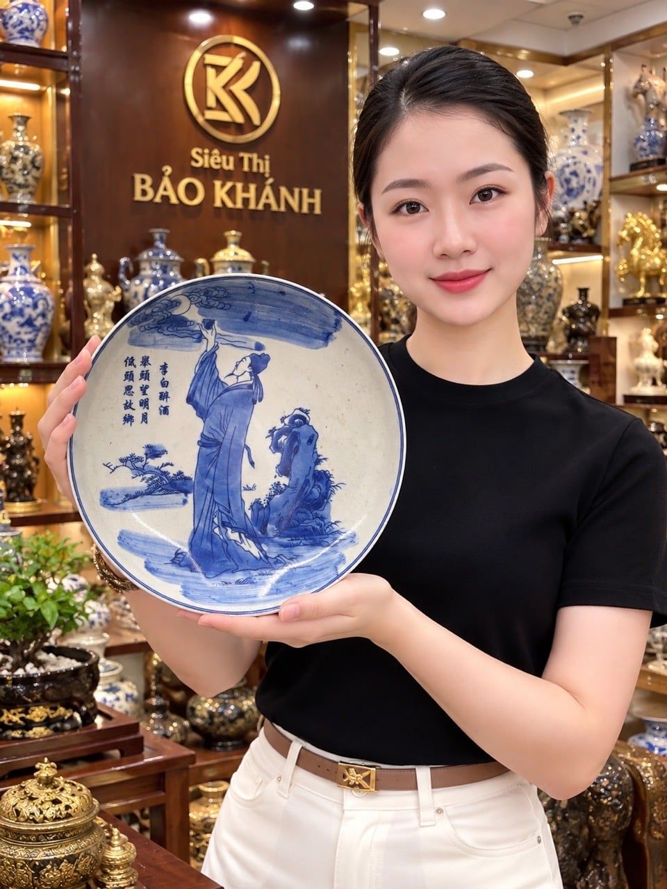  Đĩa cảnh sưu tầm Lý Bạch Trông trăng decor  đk 20  cm 