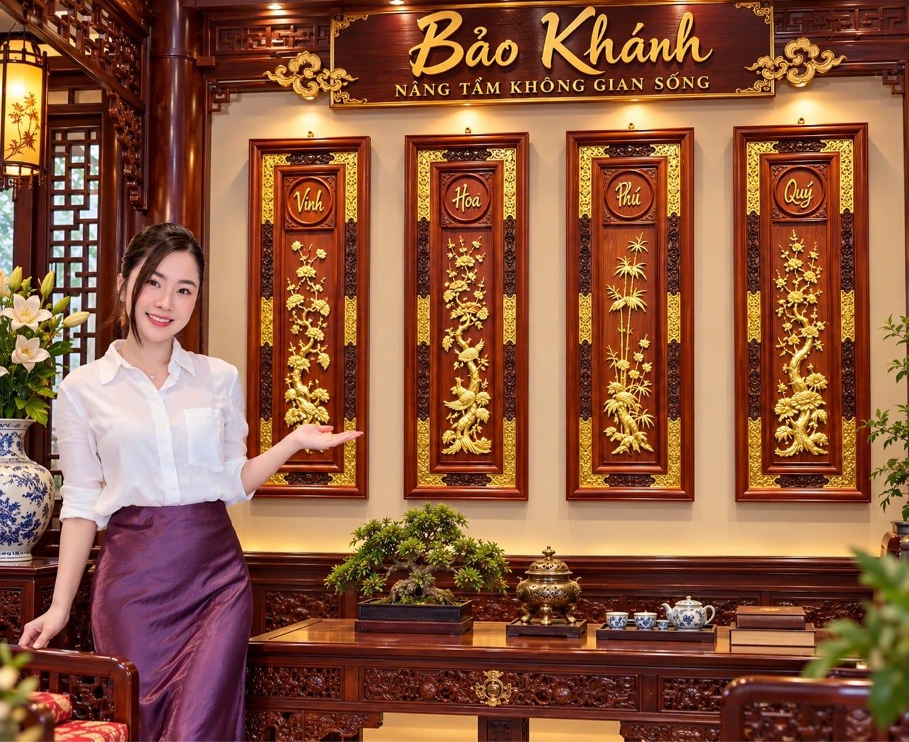  Tranh gỗ trang trí tứ cảnh  gỗ hương 