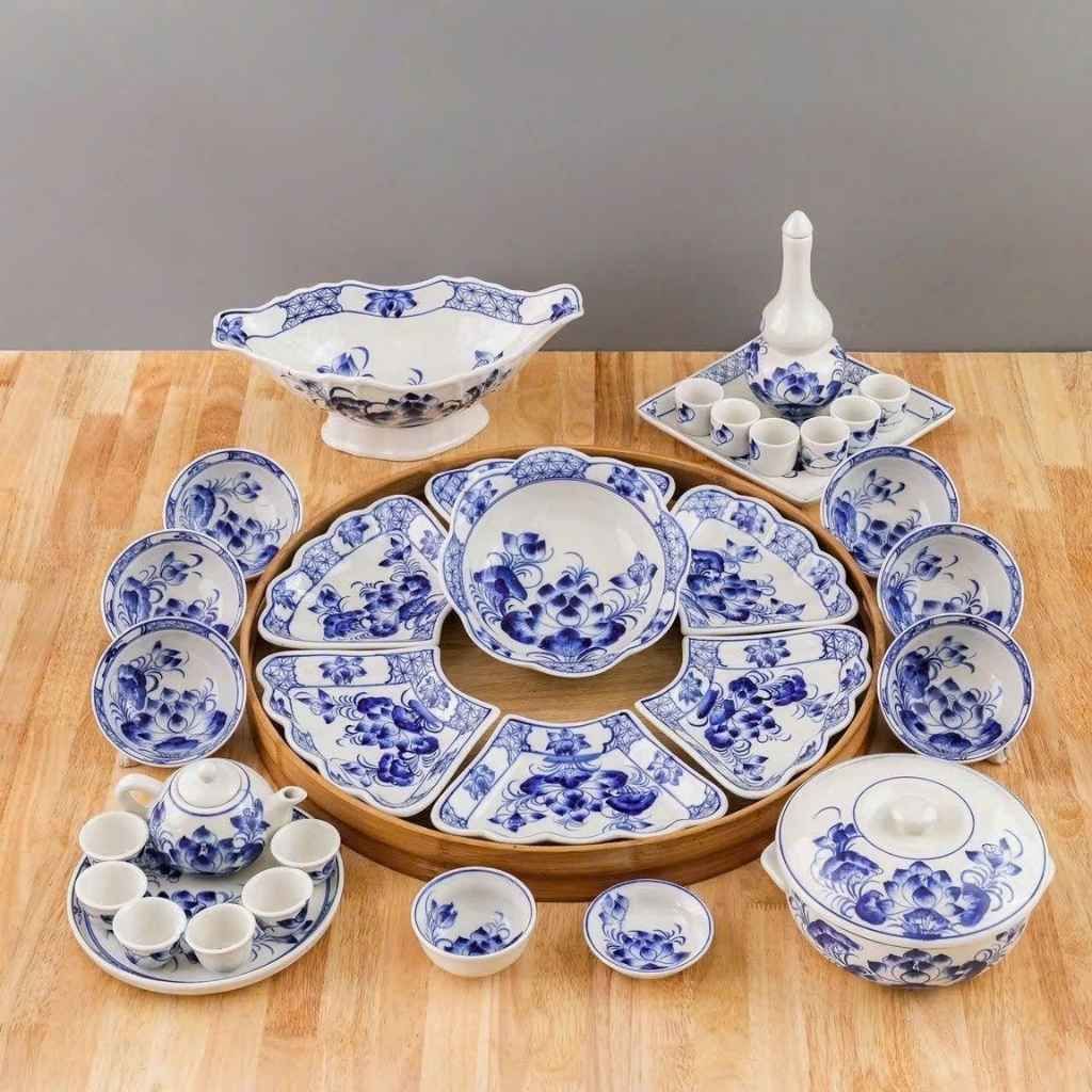  Bộ Đồ Cúng Cơm gốm sứ Bát Tràng họa tiết hoa sen xanh BKCEVN-10252 