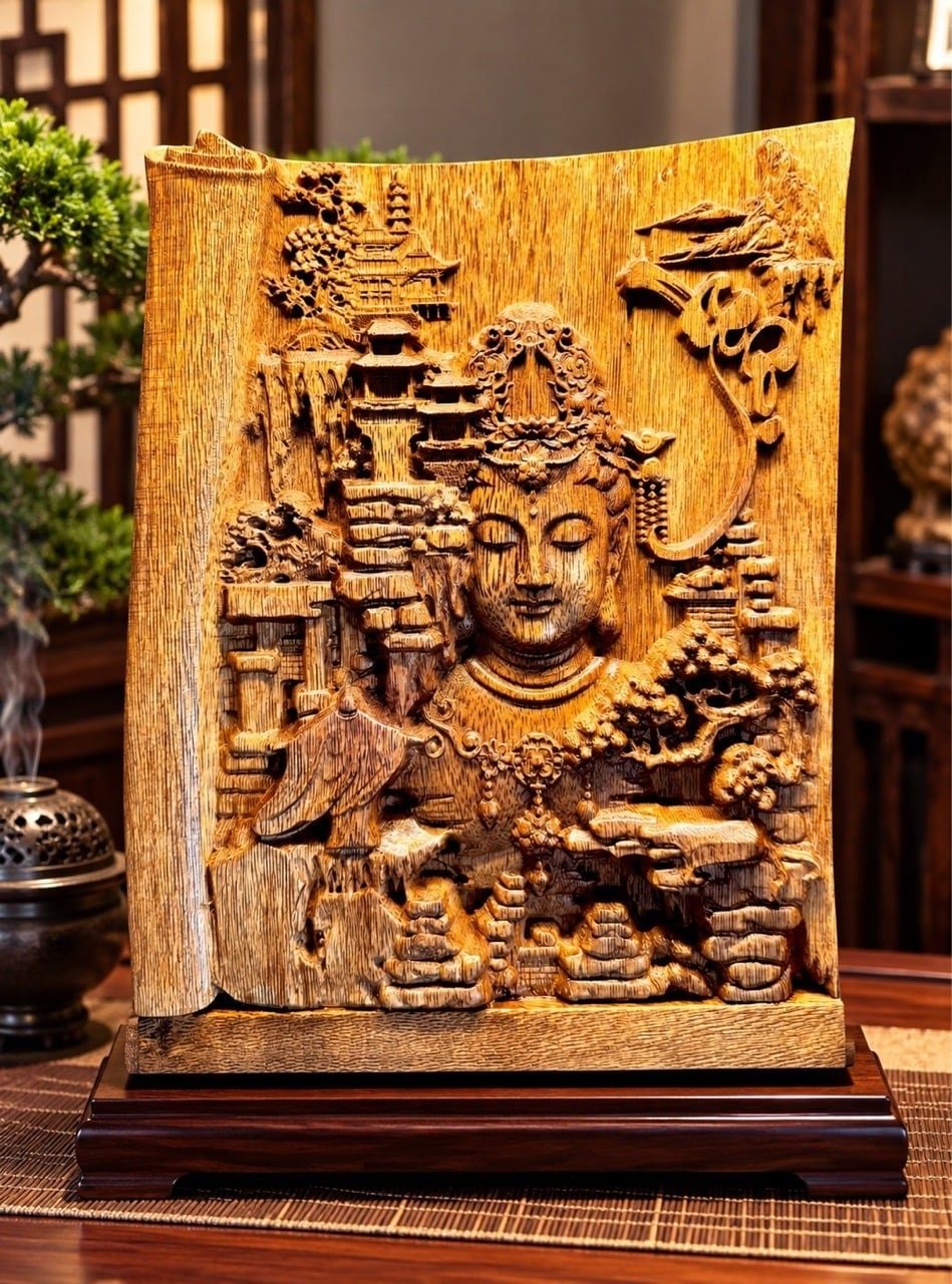  Tranh trầm hương Nhất Tâm Bái Phật đục tỉ mỉ hương trầm ngọt thơm  Kt 24* 18 
