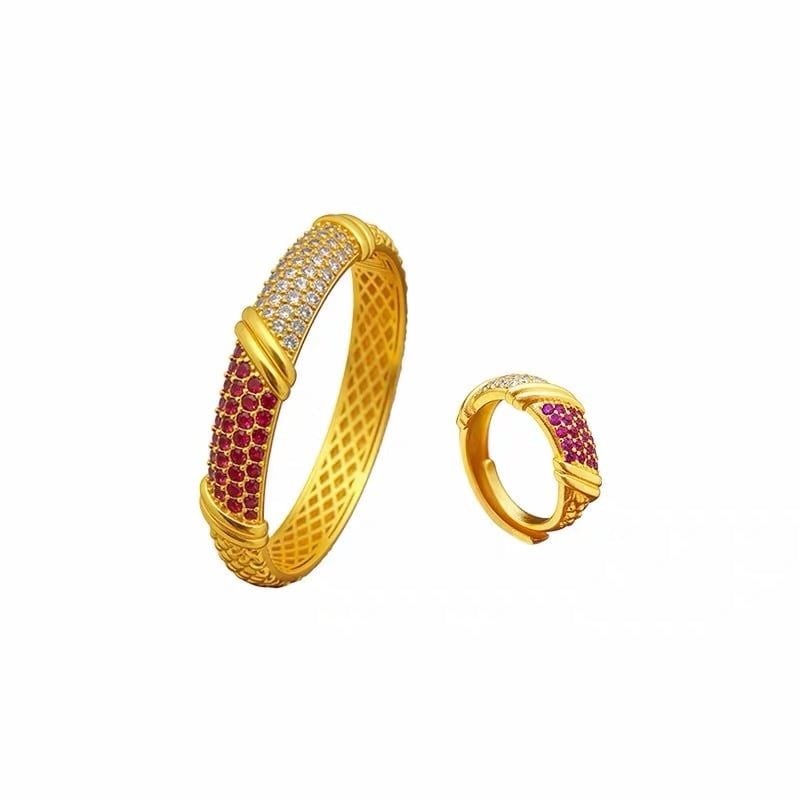  Bộ Trang Sức Nữ Vàng Giả Phong Cách Cổ Điển – Vòng Tay Bản Rộng & Nhẫn Hở, Đính Đá Màu Cao Cấp 