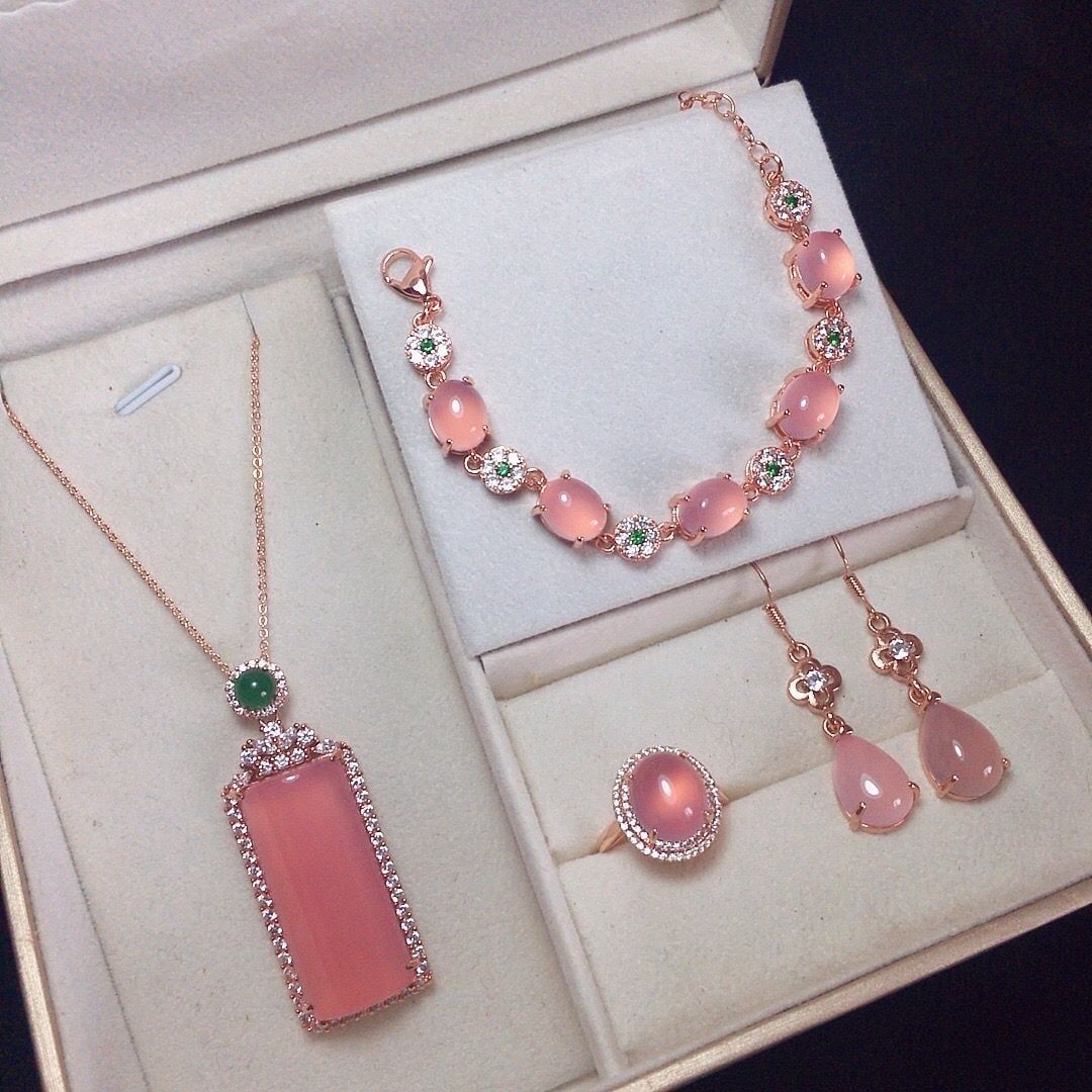  BỘ TRANG SỨC BẠC 925 NẠM CHALCEDONY HỒNG 