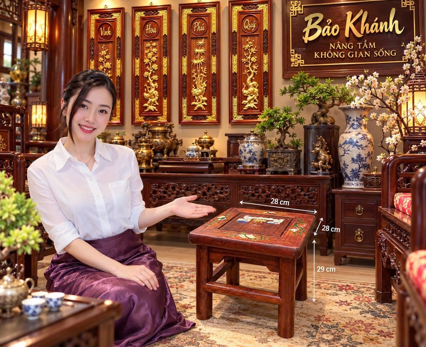  Combo Đôn gỗ khảm và bình quả đào 