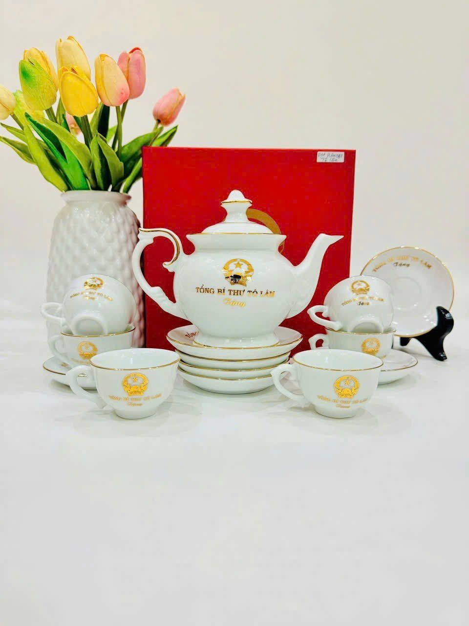  Bộ ấm chén in logo Tổng Bí Thư Tô Lâm men ngọc vẽ chỉ vàng BKCEVN-8139 