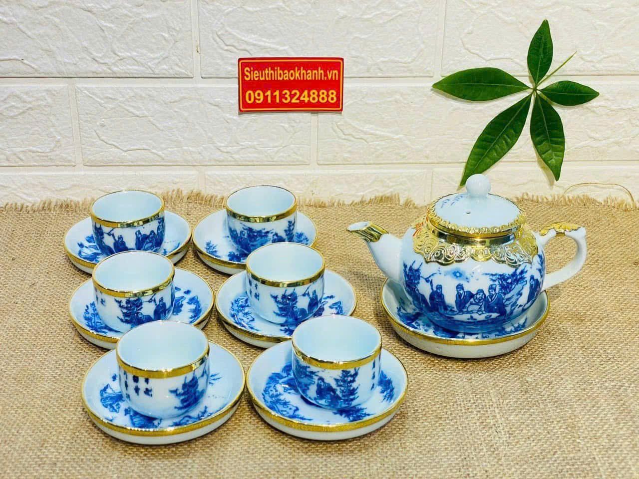  Bộ Ấm Chén gốm sứ Bát Tràng hoạ tiết thất hiền bọc đồng cao cấp 350ml BKCEVN-8169 