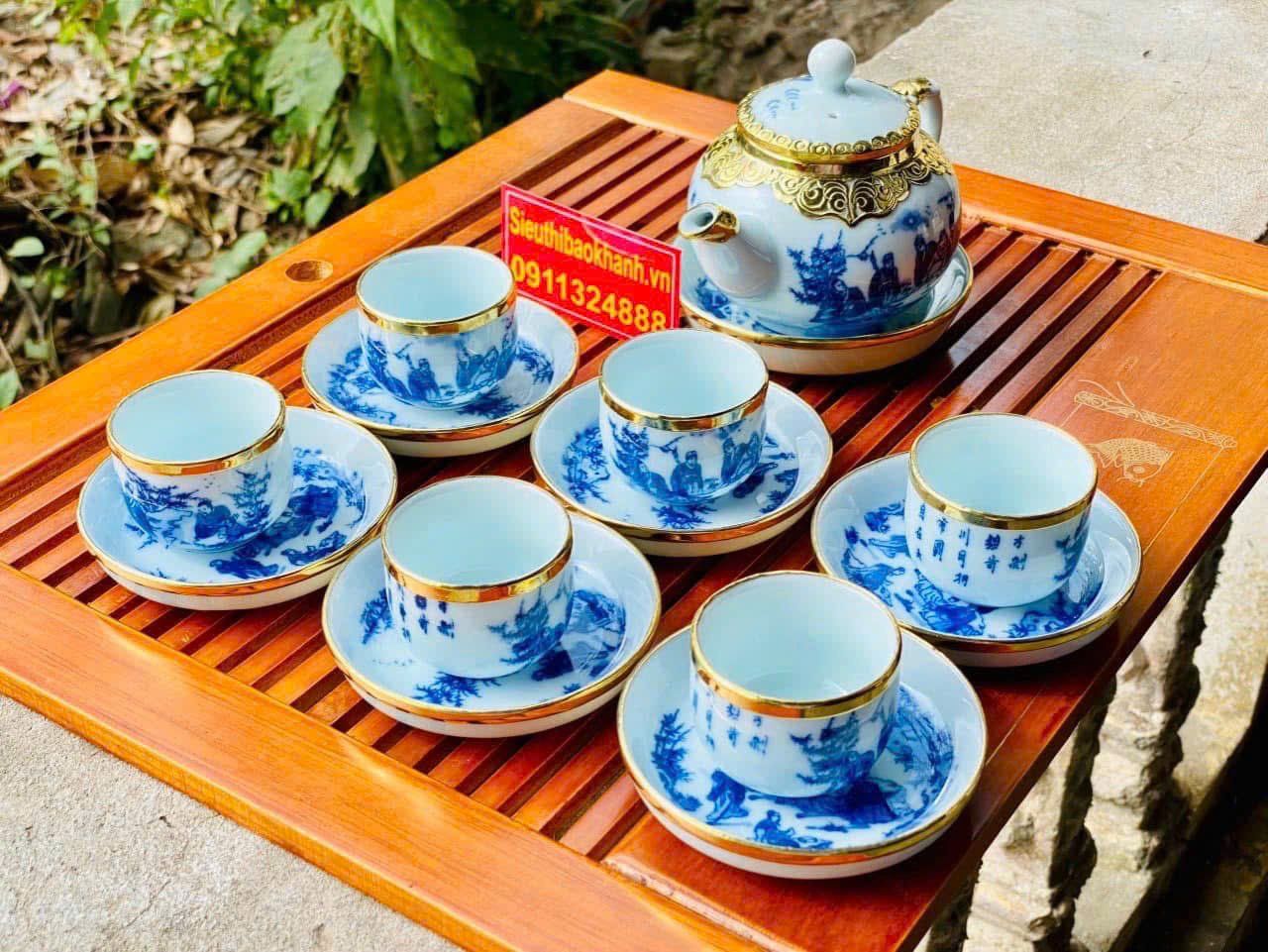  Bộ Ấm Chén gốm sứ Bát Tràng hoạ tiết thất hiền bọc đồng cao cấp 350ml BKCEVN-8169 