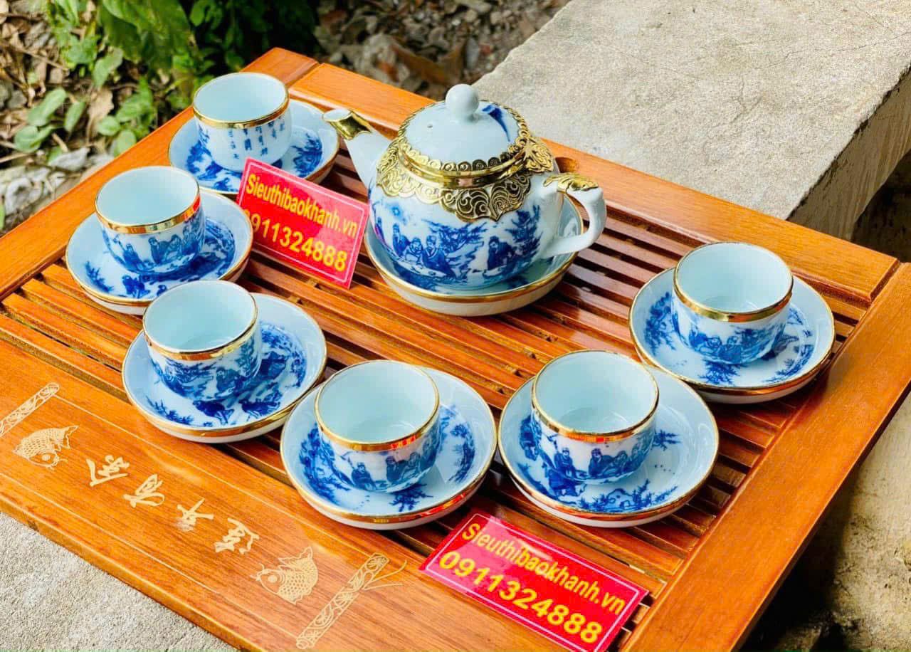  Bộ Ấm Chén gốm sứ Bát Tràng hoạ tiết thất hiền bọc đồng cao cấp 350ml BKCEVN-8169 