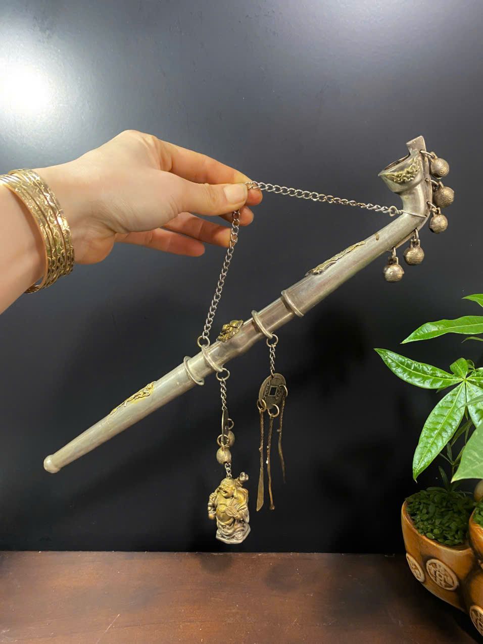 Điếu đồng họa tiết tiết Di Lặc tráng bạc 