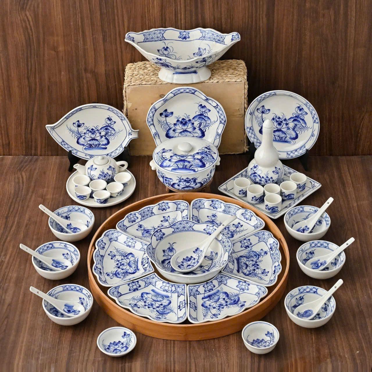  Set Đồ Thờ Gia Tiên Gốm Sứ Bát Tràng họa tiết sen xanh 