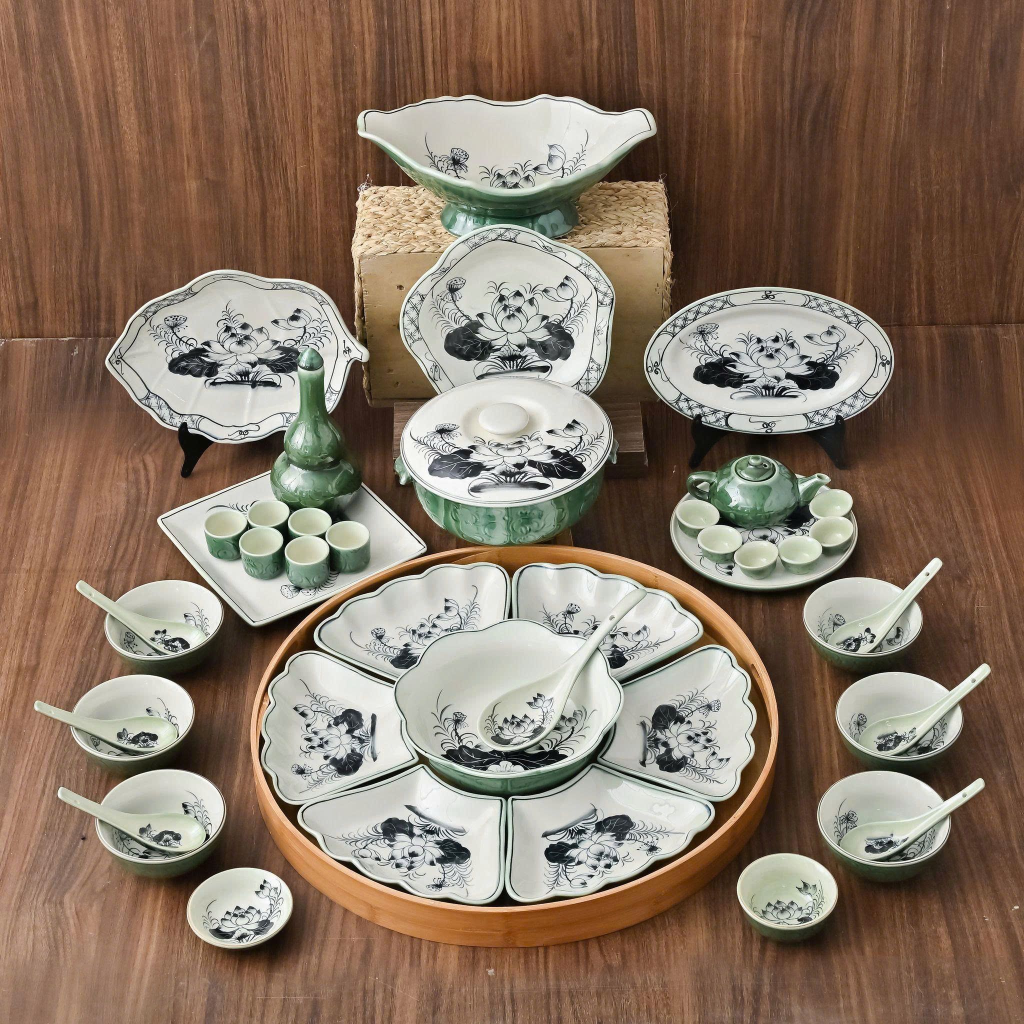  Set Đồ Thờ Gia Tiên Gốm Sứ Bát Tràng men xanh lòng trắng cao cấp 