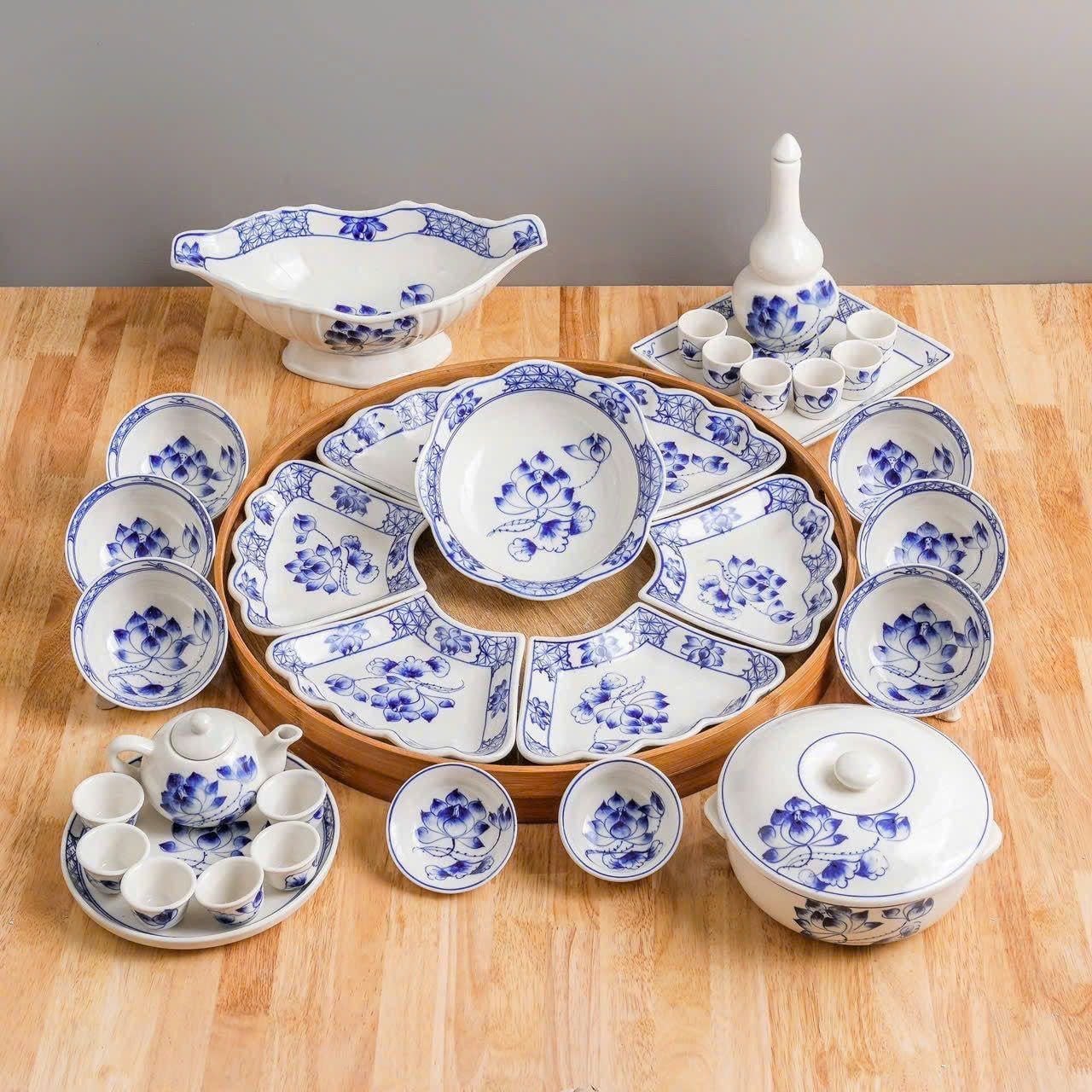  Set Đồ Thờ Gia Tiên Gốm Sứ Bát Tràng họa tiết hoa sen vẽ tay 