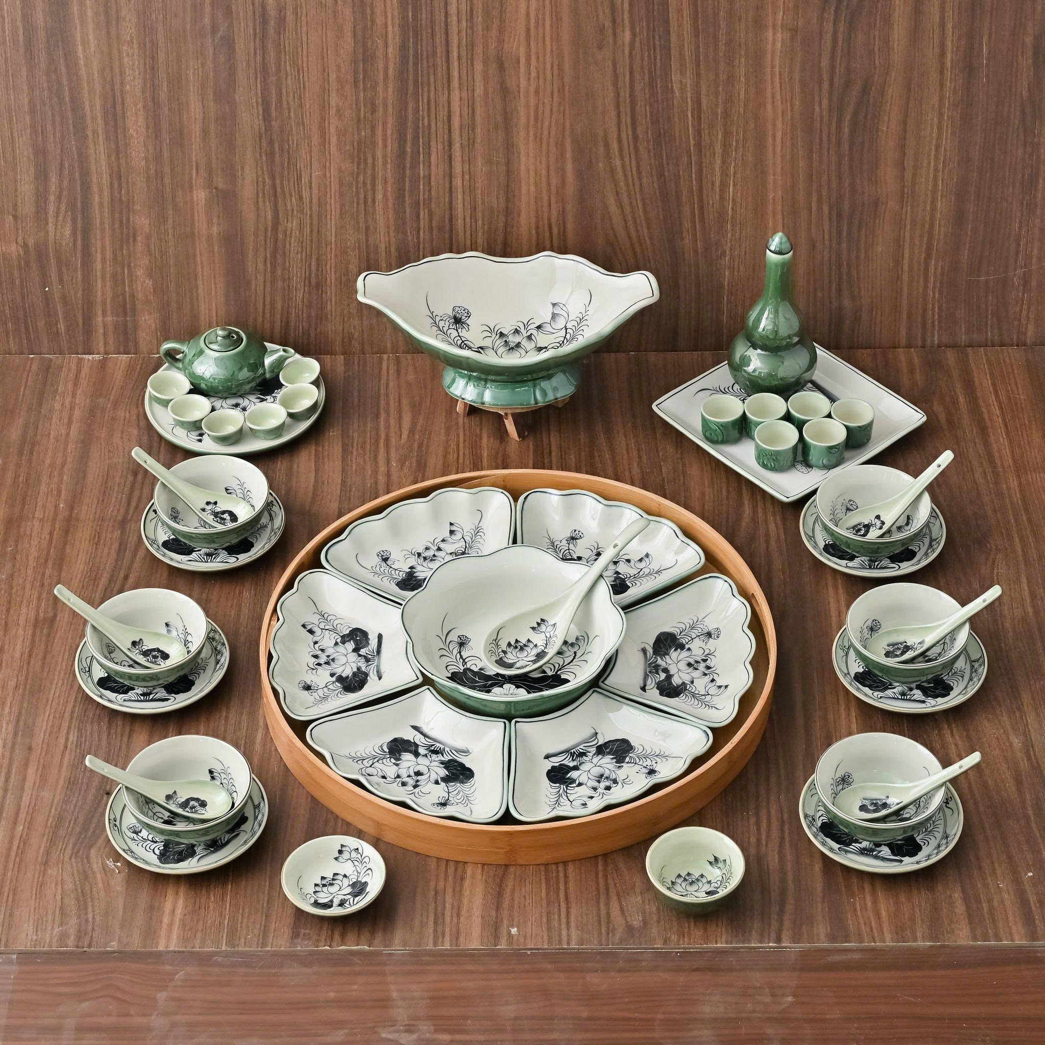  Set Đồ Thờ Gia Tiên Gốm Sứ Bát Tràng men xanh lòng trắng cao cấp 