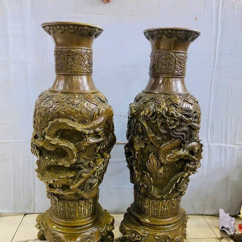  Cặp bình đồng hoạ tiết rồng khắc nổi BKMECN-9295 