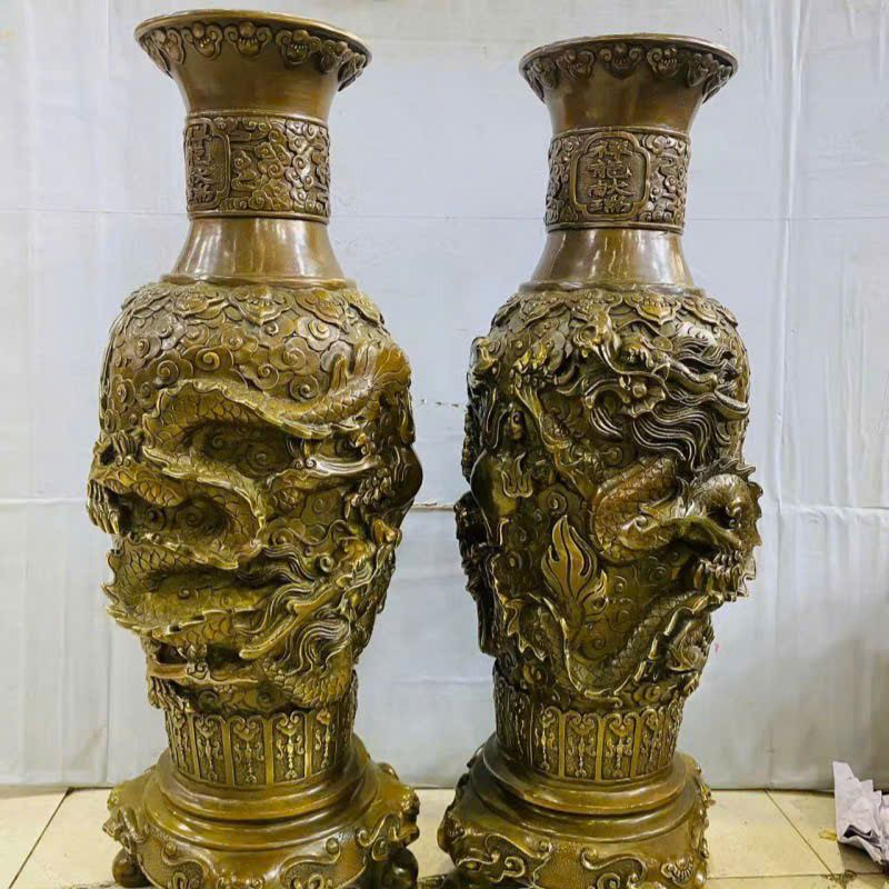  Cặp bình đồng hoạ tiết rồng khắc nổi BKMECN-9295 