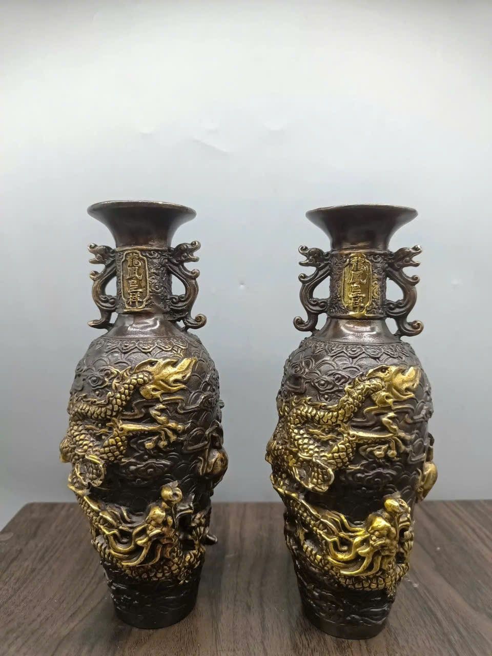  Bình Đồng Họa tiết Rồng Phượng Khắc Nổi BKMECN-9308 