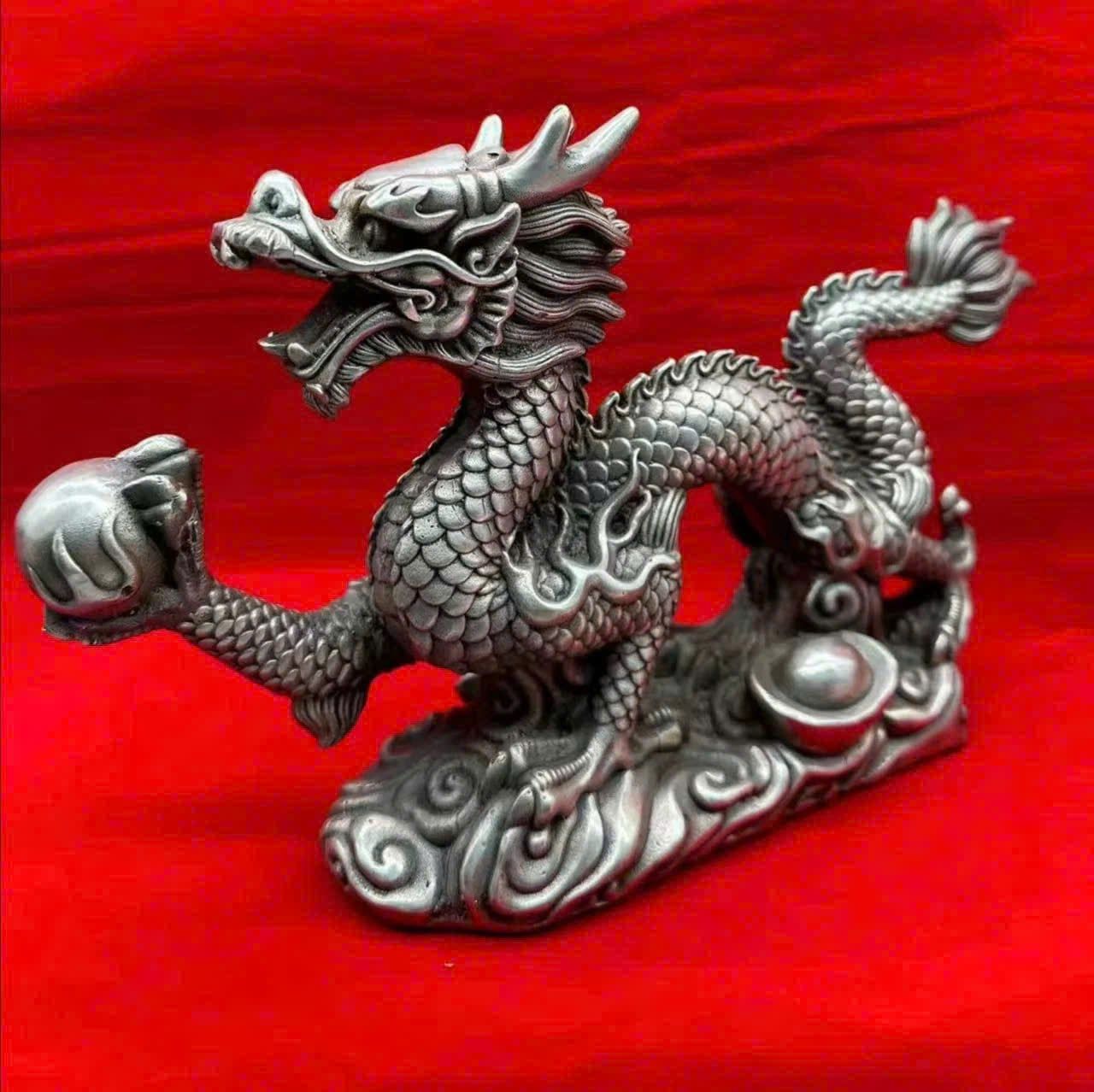  Tượng Rồng đồng vờn ngọc bằng đồng mạ bạc BKMECN-9320 