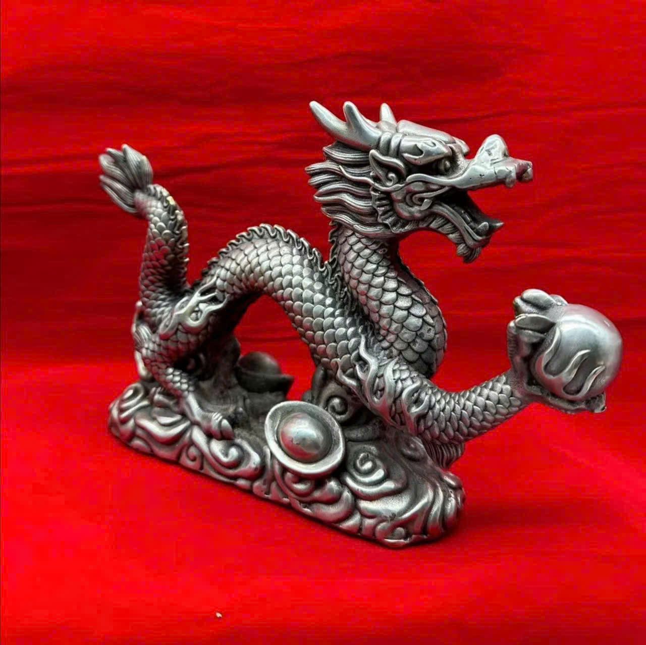 Tượng Rồng đồng vờn ngọc bằng đồng mạ bạc BKMECN-9320 