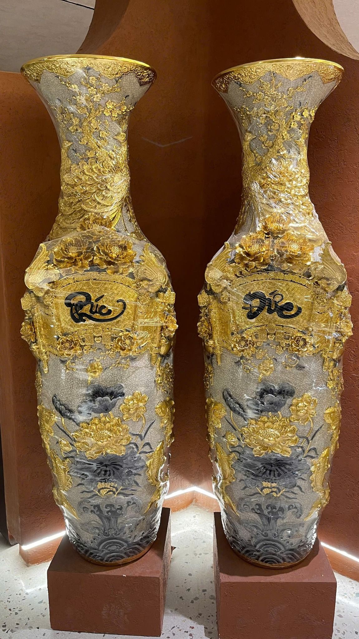  Cặp lục bình chim công phúc đức vẽ vàng cao cấp BKCEVN-8251 