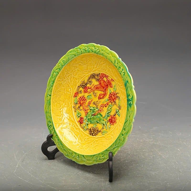  Đĩa thưởng men vàng chanh họa tiết Phượng và Kỳ Lân BKSTCN-9381 