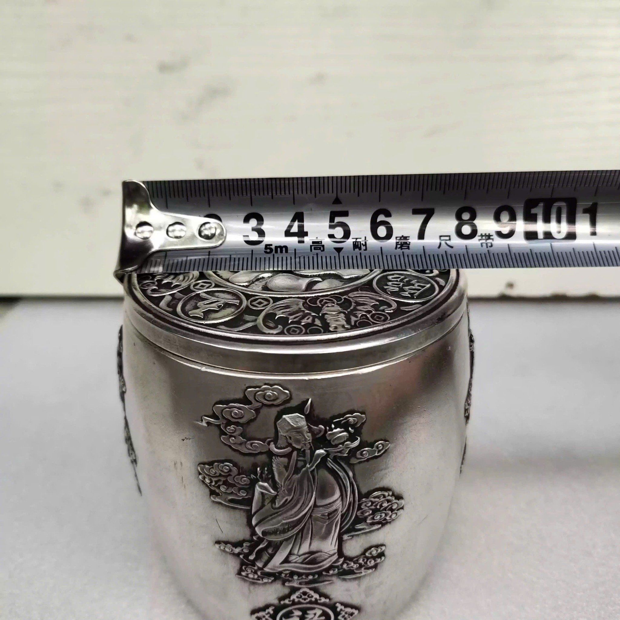  Hũ bạc sưu tầm đồng cũ tráng bạc họa tiết Phúc Lộc Tam Tinh BKMECN-9361 