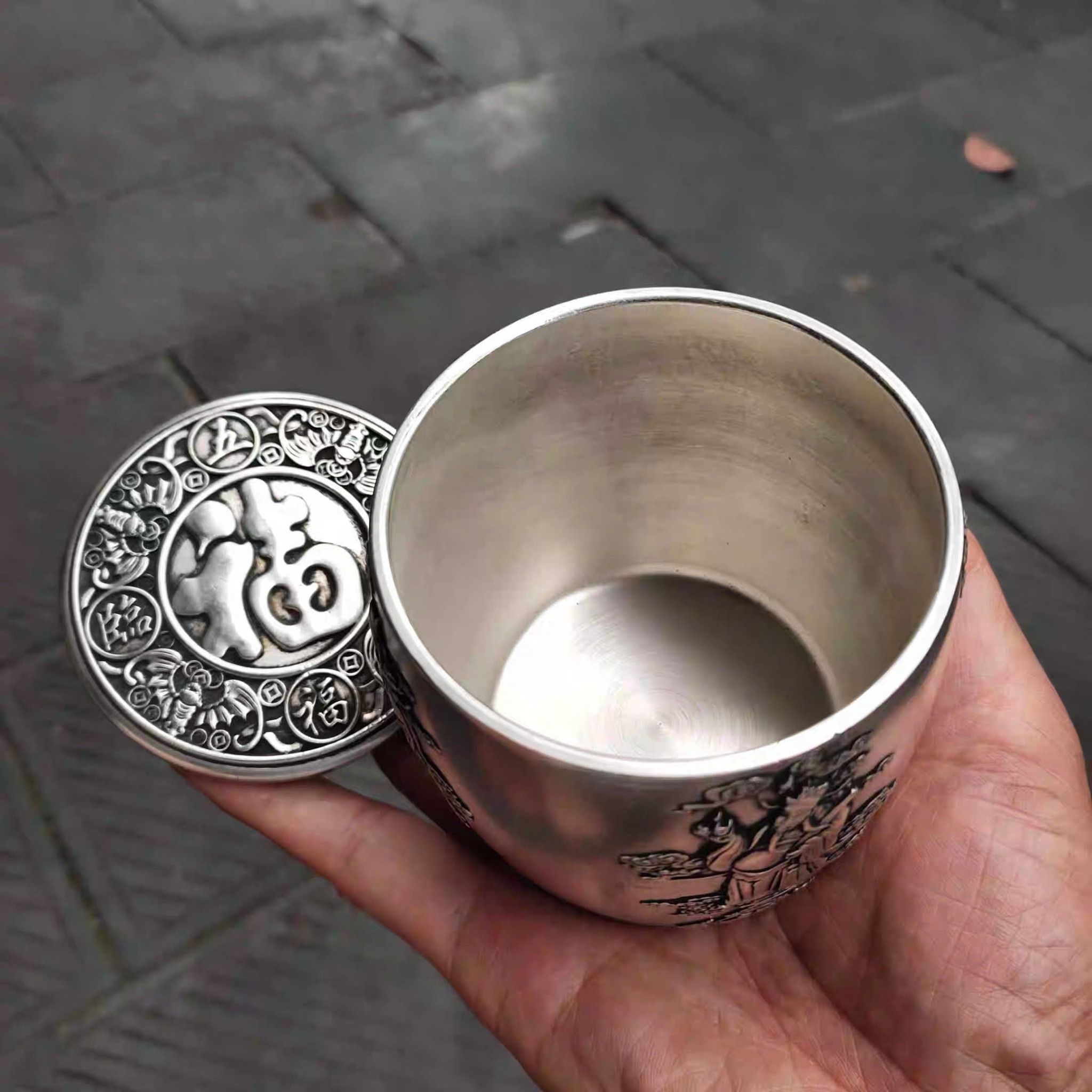  Hũ bạc sưu tầm đồng cũ tráng bạc họa tiết Phúc Lộc Tam Tinh BKMECN-9361 