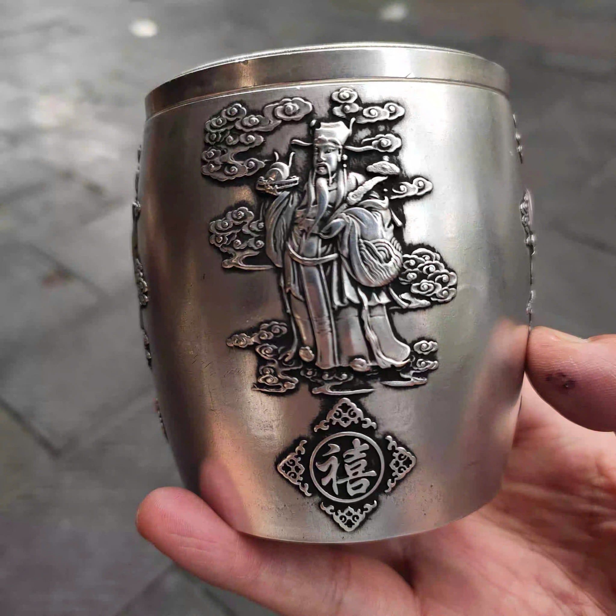  Hũ bạc sưu tầm đồng cũ tráng bạc họa tiết Phúc Lộc Tam Tinh BKMECN-9361 