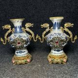  Cặp bình sứ đồng quai rồng khảm ngọc cổ sưu tầm BKMECN-9373 
