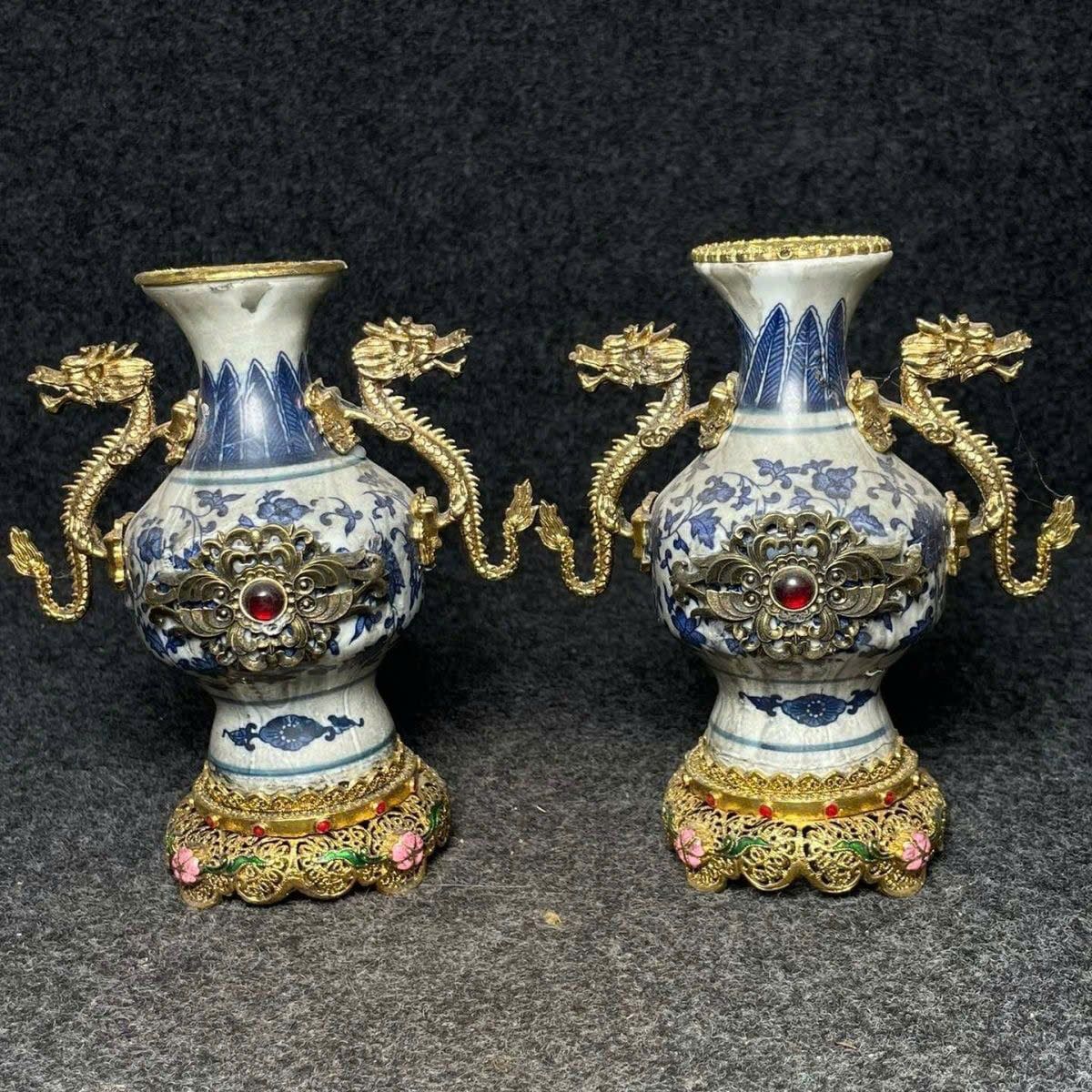  Cặp bình sứ đồng quai rồng khảm ngọc cổ sưu tầm BKMECN-9373 